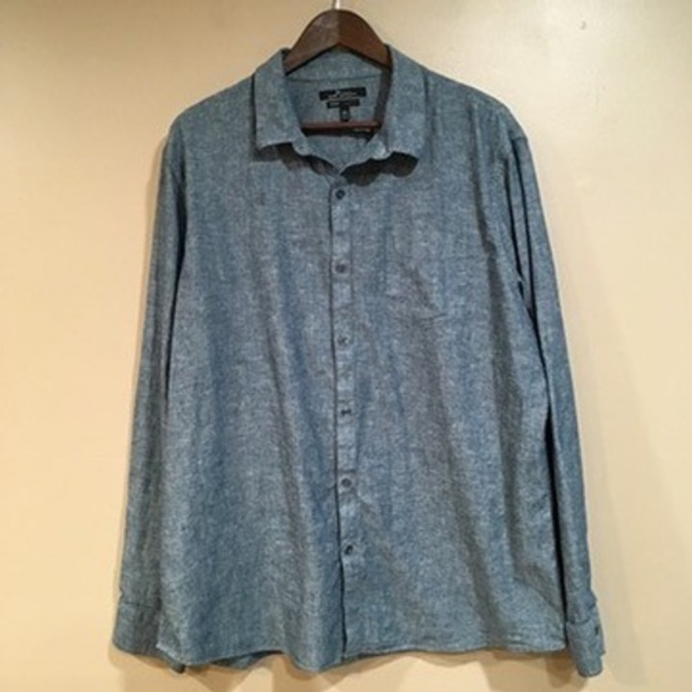 Marc Anthony Luxury Slim Fit Linen Cotton Blue‎ Button Up Shirt Mens XXL Lagom